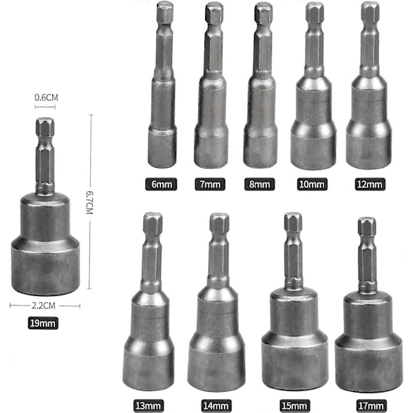 10 stk. sekskantet magnetisk pipe, 6-19mm magnetiske pipenøkler sekskantet pilotmuttersetter 2025th
