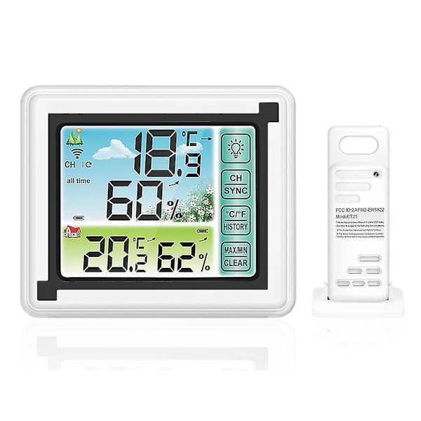 Trådløs vejrstation med udendørs sensor, termometer og indendørs/udendørs digital hygrometer, justerbar baggrundsbelysning med stort LCD-display til hjemmet An