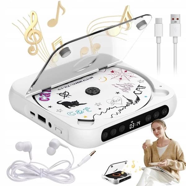 CD-soitin - Kannettava retrosoitin - Kannettava Bluetooth CD-soitin - Valkoinen 3 tilaa (CD/USB/Bluetooth) - LED-näytöllä ja 2000 mAh akulla