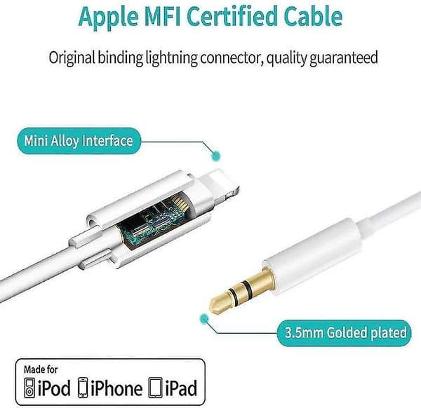 Aux-kabel kompatibel med iPhone, Lightning til 3,5 mm Aux lydkabel til bil