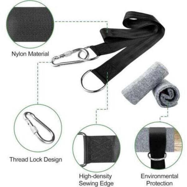 150 cm polyester hängmatsremmar – 2 låskarbinhakar – Trädskydd ingår – Maxlast 550 kg