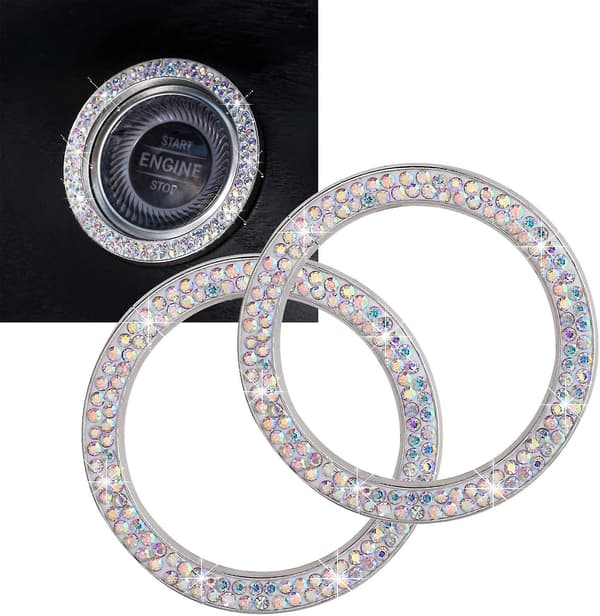 Tryk-for-at-starte Knap Ring Emblem Mærkat 2 stk. Diamant Bil Ring Mærkater Rhinestone Bil Tilbehør Interiør Til Kvinder