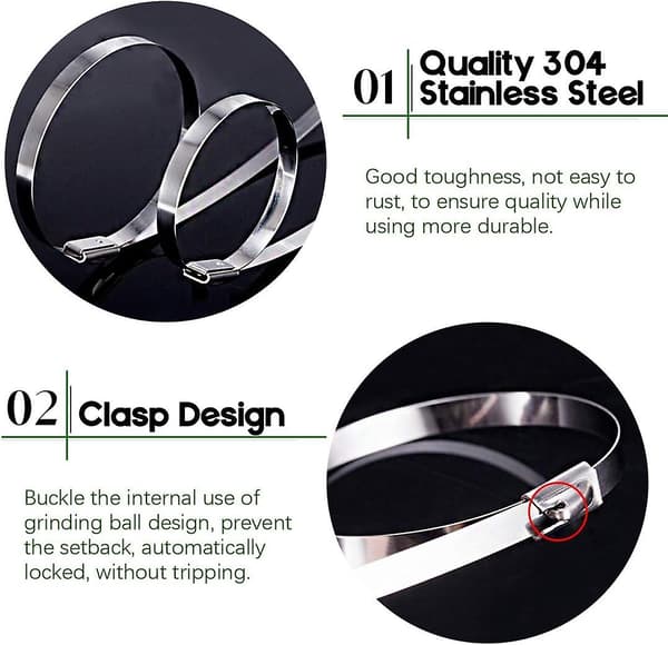 100 stk. 8 tommer 304 rustfritt stål strips eksosrør wrap låsing, metall kabel strips for datamaskinkabler, bildeler etc.
