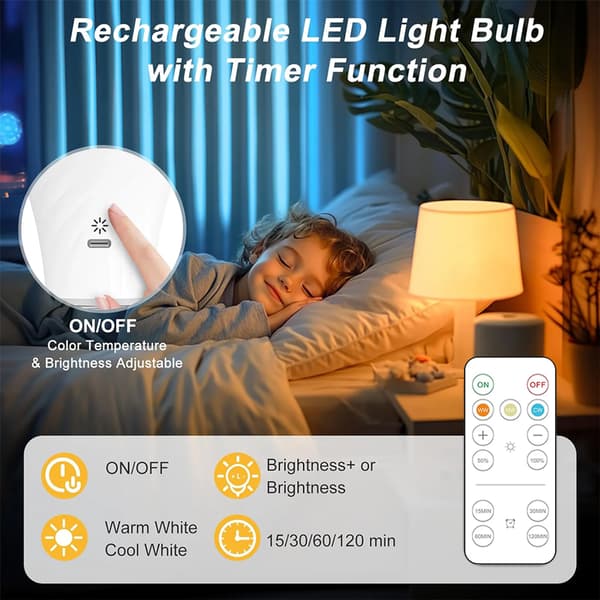 Two LED Bulbs, USB Rechargeable, with Remote Control and Timer, E26 Base, with Hook, Suitable for Table Lamps, Ceiling Lamps, and Night Lights.