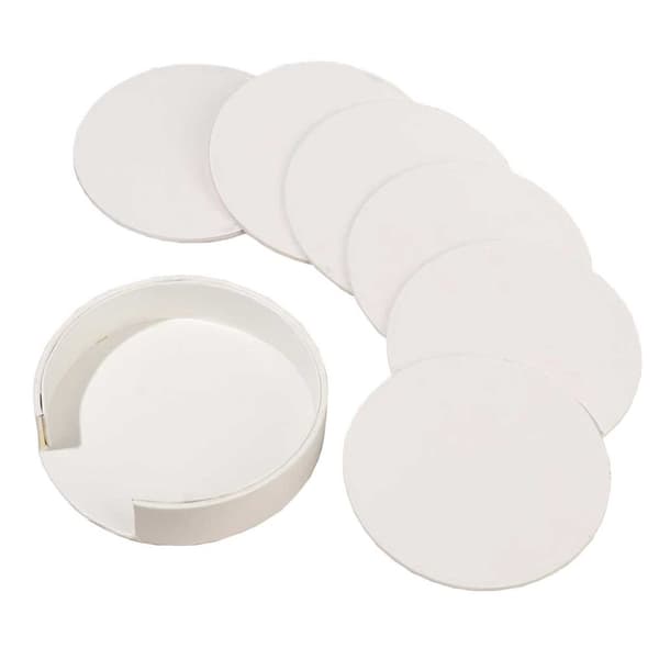 Vita Glass Coasters White PU Leather 6-Pack with Holder