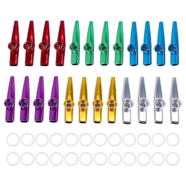 24 kpl metallisia kazoja ja 24 kpl kazoo-huilukalvoja, 6 väriä, hyvä kumppani ukulelle, viululle,