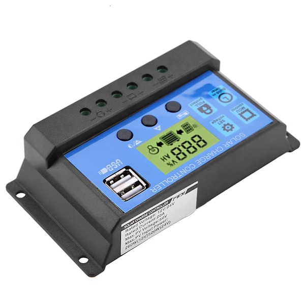 20A solpanel laddningsregulator med dubbla USB och LCD-display - PWM 12V/24V (YJSS-20A)