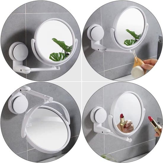 Suction Cup Wall Mirror, Rotatable Foldable Makeup Mirror, Double-Sided Magnifying Mirror, No Drill Installation, White, for Bathroom Hotel