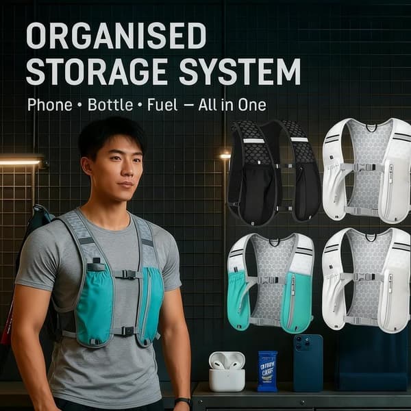 This lightweight hydration vest/backpack is for marathons and races. Suitable for trail running, hiking, cycling, climbing, and jogging.