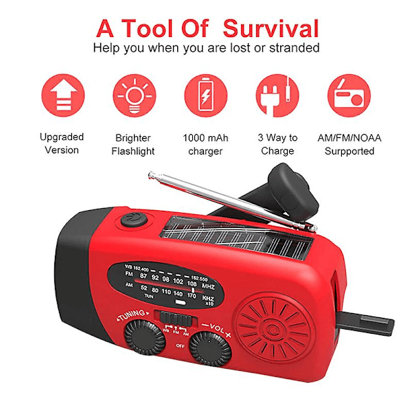 Nöd solcellsdriven självdriven AM/FM/() radio, ficklampa, laddare för mobiltelefoner: smartphones och USB-enheter