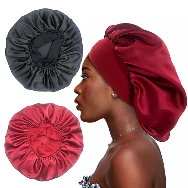 2 stk. Stor Satin Bonnet, Silke Bonnet Hårindpakning til Sovning, Sovehætte med Elastisk Blødt Bånd (sort, vinrød)