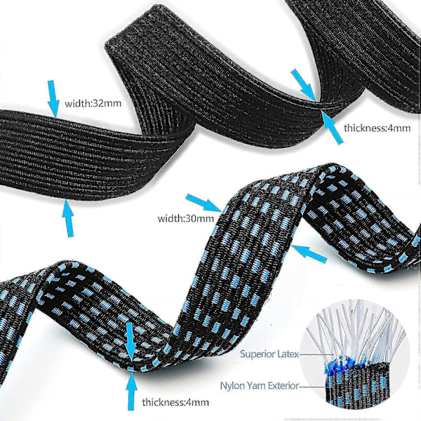 Sæt med 6 elastiske elastiksnore med kroge, 4 ekstra lange elastiske stropper på 2 m og 2 blå elastiksnore på 1 m, 200 x 3 cm, 100 x 3 cm
