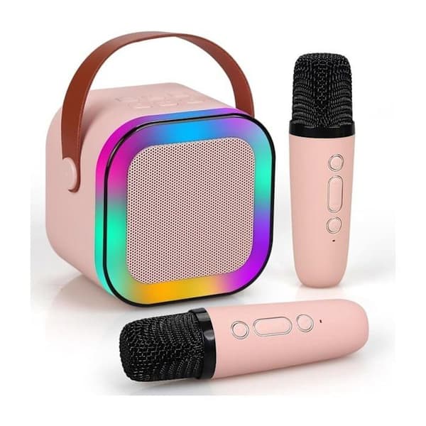 Mini bærbar karaoke med Bluetooth-høyttaler og 2 trådløse mikrofoner, ideell gave til bursdagsfester.