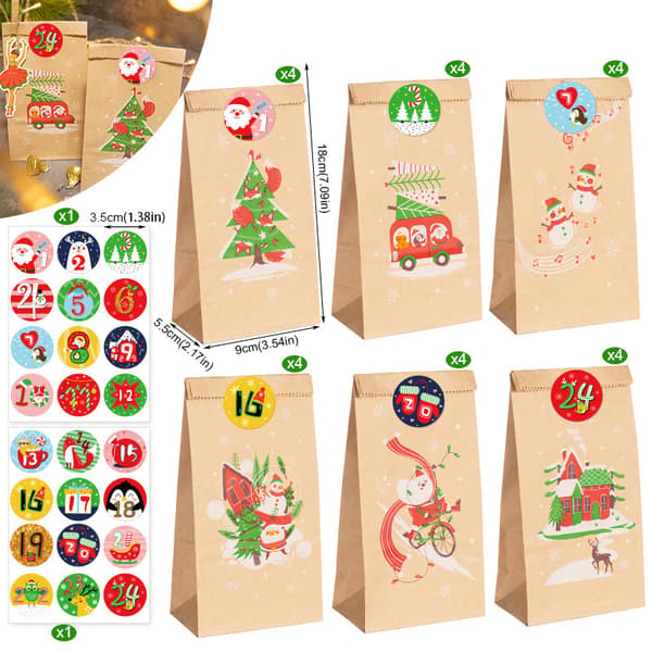Julklappspåsar med 24 Set Juldekaler Adventskalender Godispåsar - MC2-175