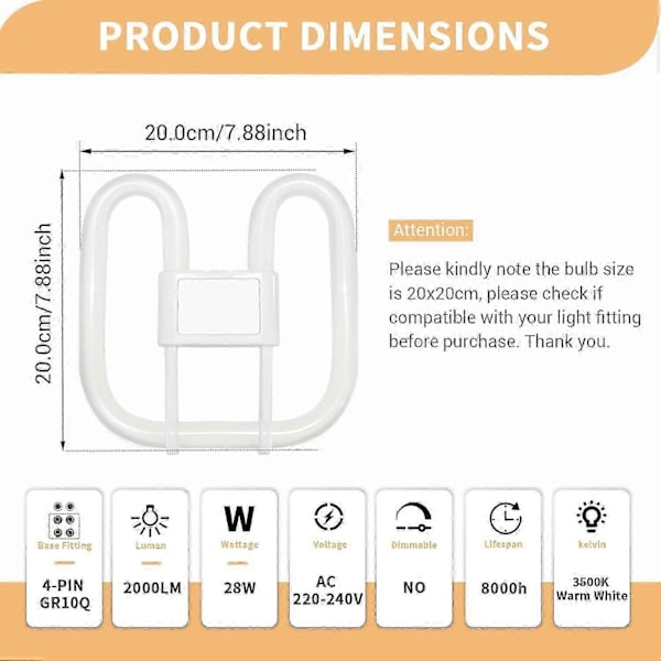 GR10q 4-Pin Lampa 28W 3500K Varmvit, 2000LM, 2D Fyrkantig CFL Kompakt Lysrör 4-Pin Lampa, AC 220V, GR10q DD Platt Fjärilslampa för Infälld Taklampa