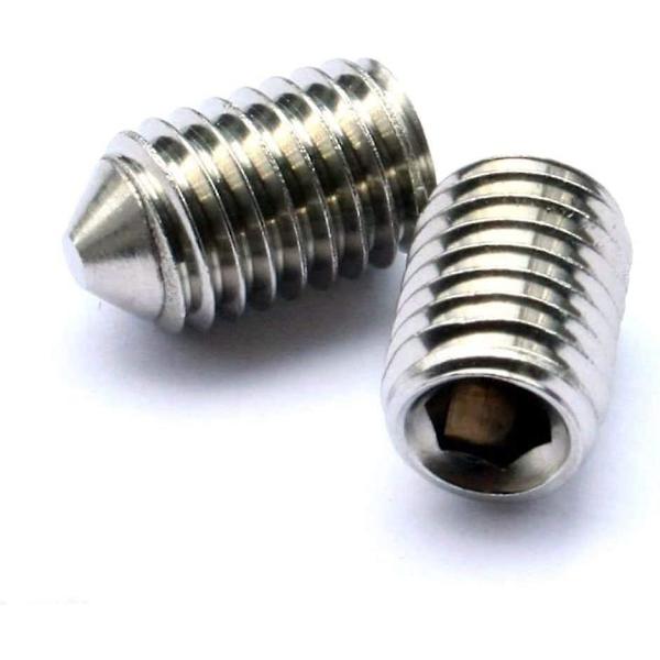 Sett med 16 koniske settskruer 5mm lange, forskjellige gjenger metrisk, M3, M4, M5 og M6. Sett med A2 rustfritt stål sekskant settskruer