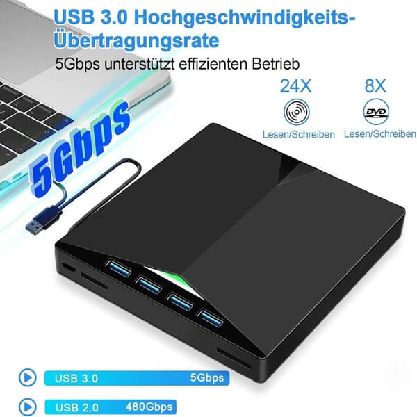 External CD/DVD Player USB 3.0, Portable, Burner, RW/ROM Drive, High-Speed Transfer, Integrated USB Cable Suitable for Windows 7/8/10/11/Vista/Linux