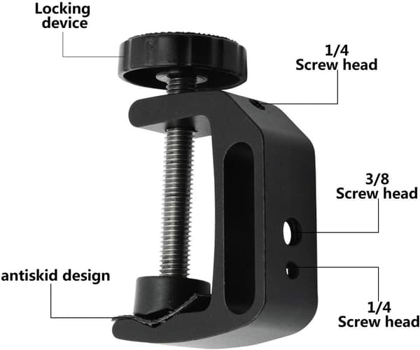 Universell C-klemme med 1/4 \" og 3/8 \" gjengede hull, egnet for skrivebordsmonteringsfester.
