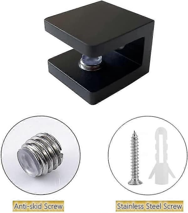 (Mat Sort) Glasklemme, Glas Holder uden boring, Glashylde Beslag, Glasclips Support til 8mm - 10mm Glas