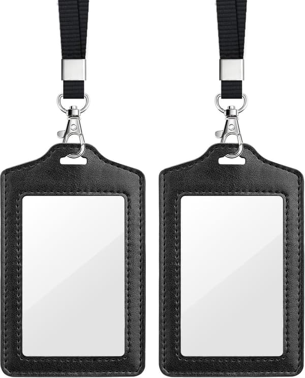 2-piece double-sided transparent card holder with lanyard, PU leather, for work/subway.