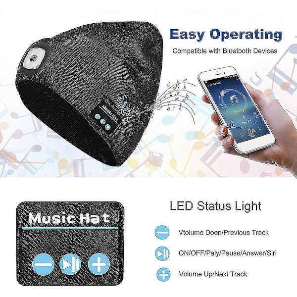 Bluetooth-hue med lampe, musikalsk strikket hue (sort)