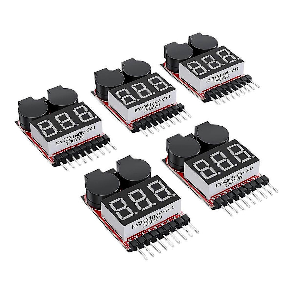5 stk 2 i 1 1-8S Lipo Batterispenningstester, RC Lavspenningssummeralarm, Batteriovervåker for Lipo/Li-Ion