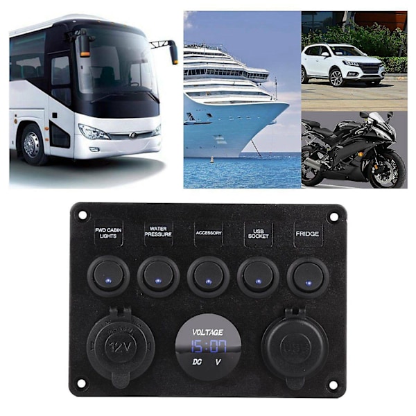 5-vägs 12V/24V Inline-säkringsbox LED-strömbrytarpanel Dubbla USB Bil Båt Lastbil