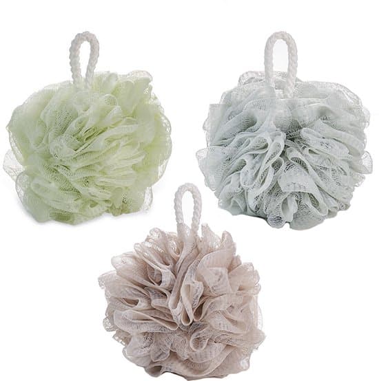 3-pak 13 cm 60 g eksfolierende/massage netbadesvampe - blå/grøn/khaki