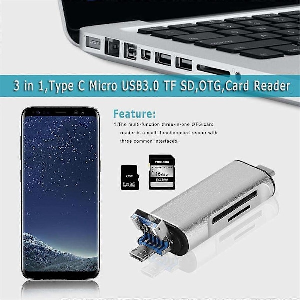 TF / Kortläsare, 3 i 1 OTG Adapter / Micro USB / USB 3.0 för PC, Laptop,