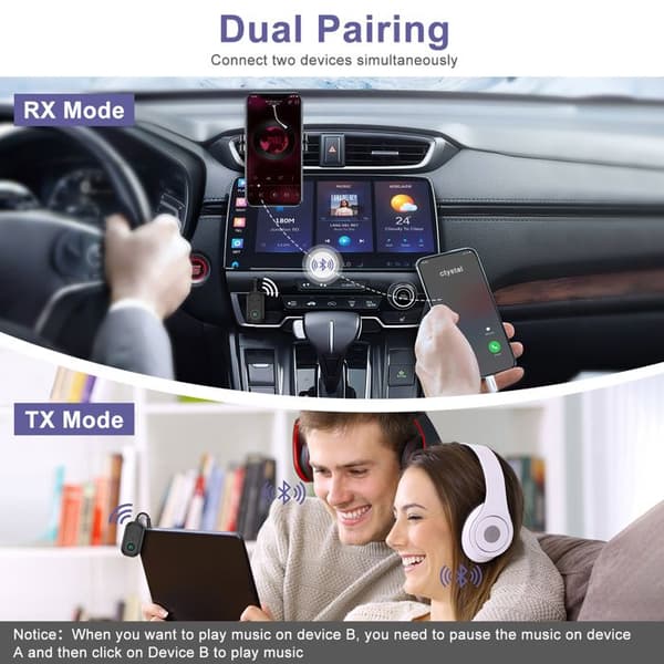 Bluetooth-sender/-mottaker - BT5.3 - Bluetooth 5.3 - Dobbel tilkobling - 3,5 mm jack