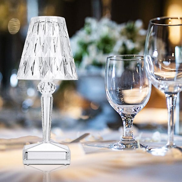 Krystall LED skrivebordslampe, berøringskontroll øyevern, klar akryl USB-lading skrivebordslampe for bar, soverom, bord, nattbord (tre farger justerbar)