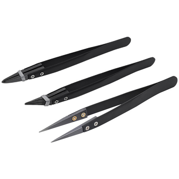 Svart Keramisk Pincettset - Antistatisk, Korrosionsbeständig, Antimagnetisk, Hög Temperaturbeständig (3-pack)