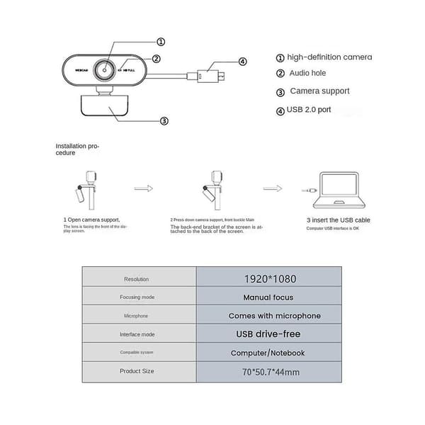 1080P Webcam med Mikrofon HD Webcam USB Kamera til PC Laptop, Zoom, Skype, Facetime, Windows, Li