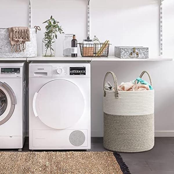 Large Woven Cotton Laundry Basket - Foldable Storage Basket with Handles - 39 Liter Capacity