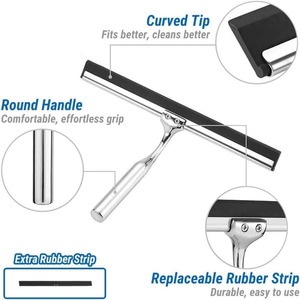 Stainless Steel Shower Squeegee 25 cm Drill-Free Shower Squeegee Window Squeegee with Wall Holder Bathroom Squeegee for Bathroom Cleaning