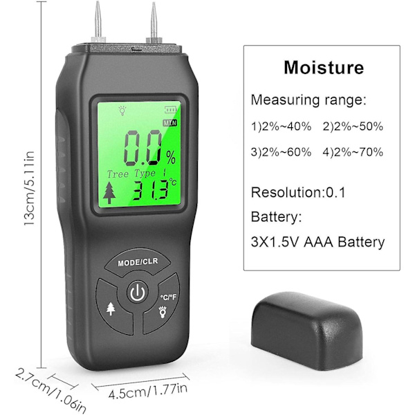 LCD-näyttöinen polttopuun kosteusmittari - Kosteusilmaisin puurakennusmateriaaleille, polttopuille, seinille ja puulattioille