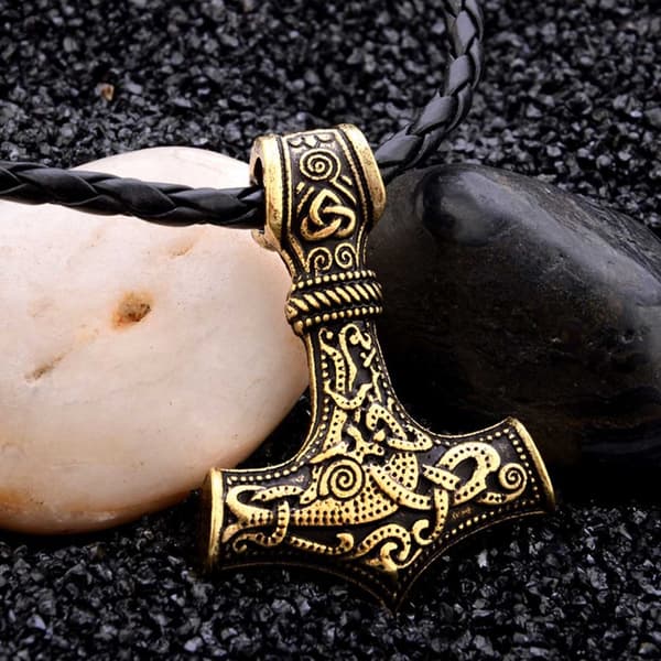 Vikingehalskæde Thors Hammer Mjølner Kunstlæder Guld