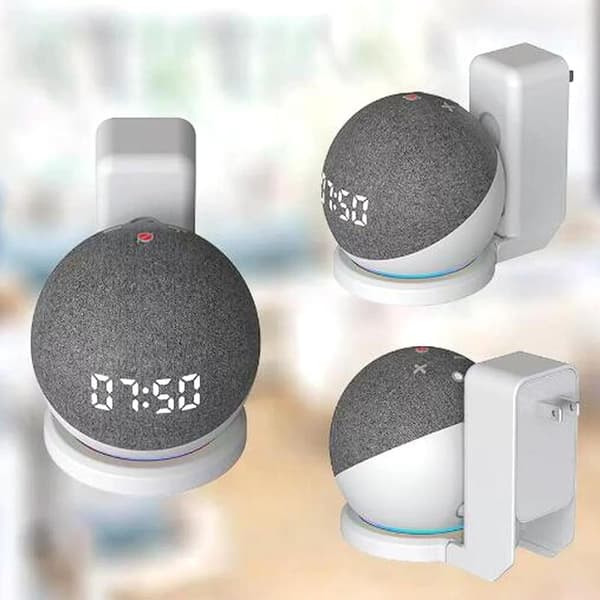 Passer til Echo Dot 4/5 – Høyttalerfeste for Echo Dot 4/5 smarthøyttalere – Plassbesparende, montering uten skruer eller boring (hvit)