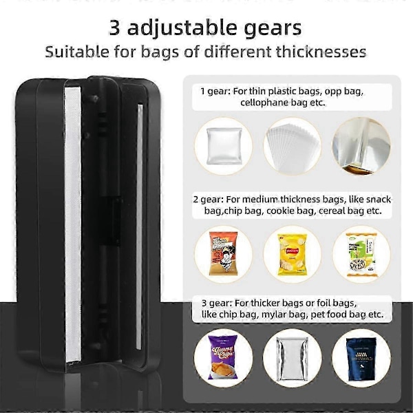 Mini Påsförslutare, USB-laddare Potatischips Påsar Värmeförslutare, Återförsluter Snacks Plastpåse Värmeförsegling och Skärare Svart 2025:e