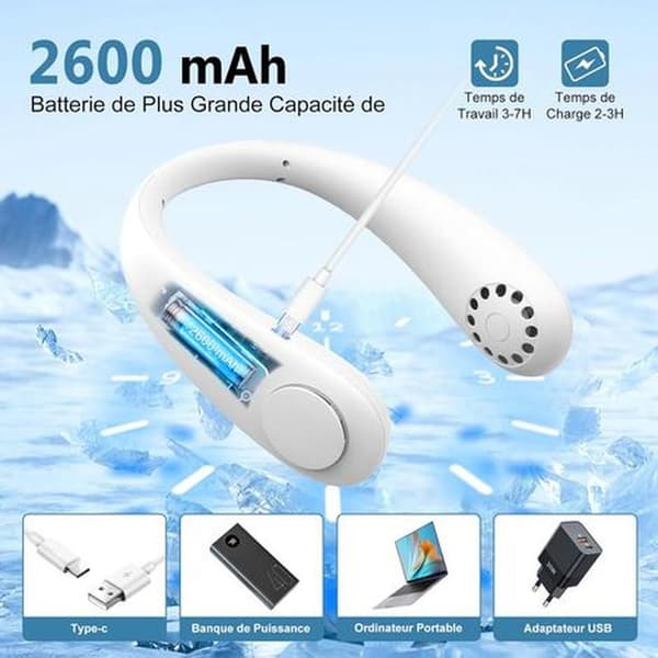 Halsventilator. Bærbar, bladløs 360° ventilator. USB genopladelig. 240 x 155 x 62 mm