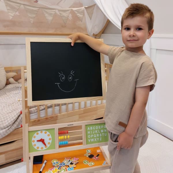 Stor pedagogisk dubbelsidig magnetisk whiteboard och griffeltavla - torr radering, trä