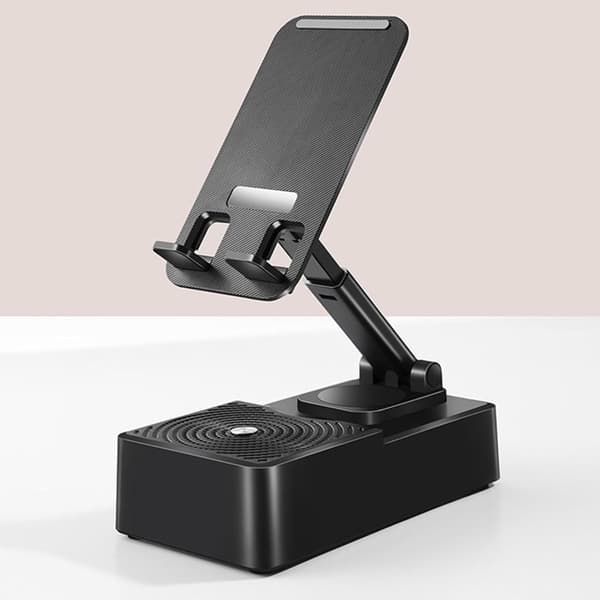Monitoiminen puhelin- ja tablettiteline Bluetooth-kaiuttimella ja varavirtalähteellä