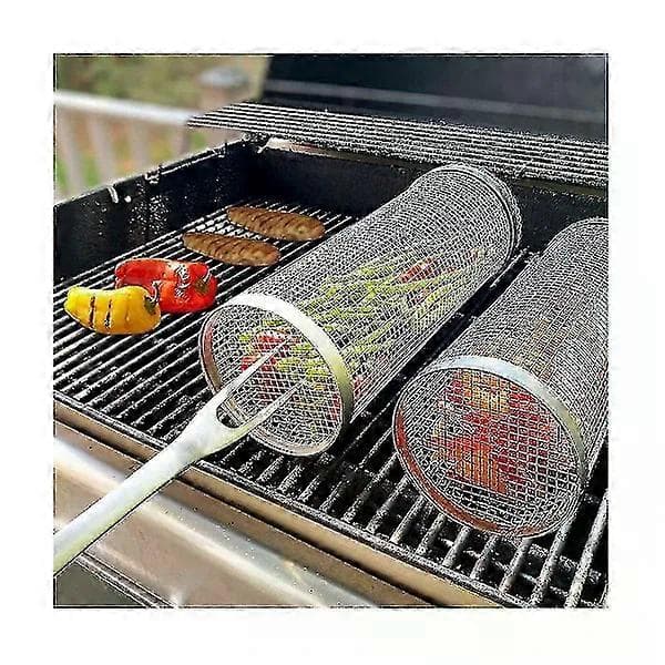 2-pak rullende grillkurve - Bedste grillkurv nogensinde, rund grillnet i rustfrit stål