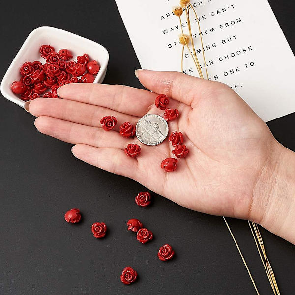 50 st röda rosen cinnoberpärlor detaljerade snidade blomstermellanpärlor 12 mm rosenblad länkar berlocker pärlning för Alla hjärtans dag smyckestillverkning dekoration