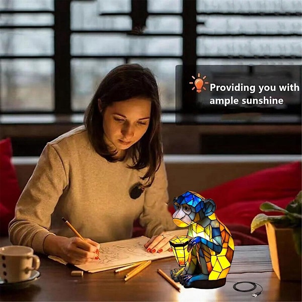 Dyrebordslampe, Apelampe Nattbordslampe med USB-porter, Nattbordslampe for Stue Soverom