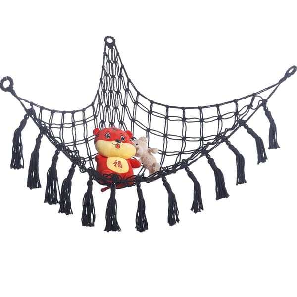 Handwoven Cotton Rope Triangular Toy Hammock - Stuffed Animal Storage Net, Corner Organizer Black