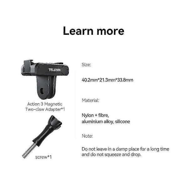 Telesin Magnetisk Två-Klo Adapter Action Kamera Tillbehör För Dji Osmo Action 3 Adapter