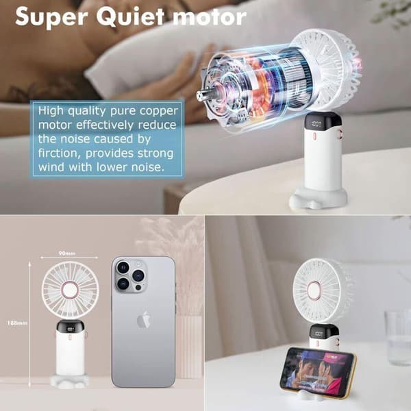 Mini bærbar ventilator, USB genopladelig. Lille lommeventilator med stativ. Sammenklappelig bordventilator - hvid.