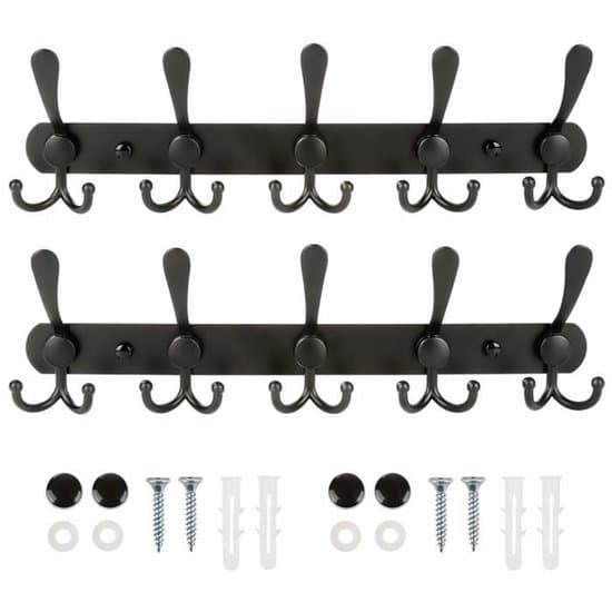 2-pack svart väggmonterad klädhängare med 5 krokar, metallhängare för rockar, hattar och väskor i hall och sovrum