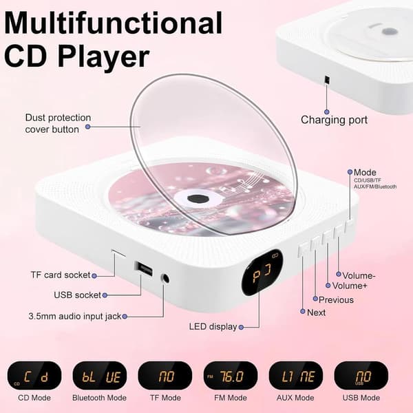 Portable CD Player, Rechargeable, Portable, 2000Mah, Pink, For Home Use, Portable CD Player with Bluetooth 5.3 Transmitter